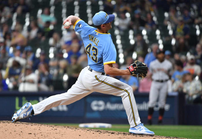Milwaukee Brewers relief pitcher Ethan Small delivers a pitch against the SF Giants in the sixth inning at American Family Field. (2023)